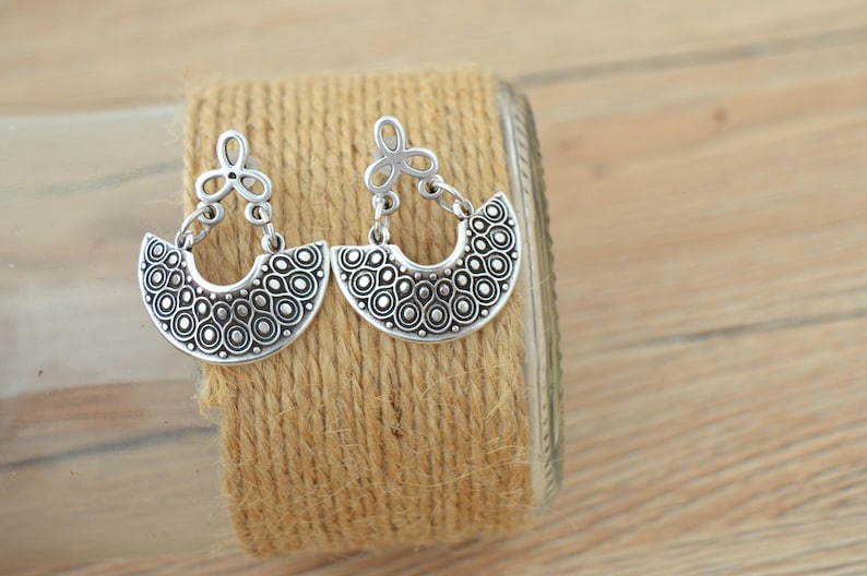 Antique silver dangling Greek Shield earrings, Silver half moon crescent earrings, Silver hemicycle dangle earrings,bohemian ethnic earrings image 5