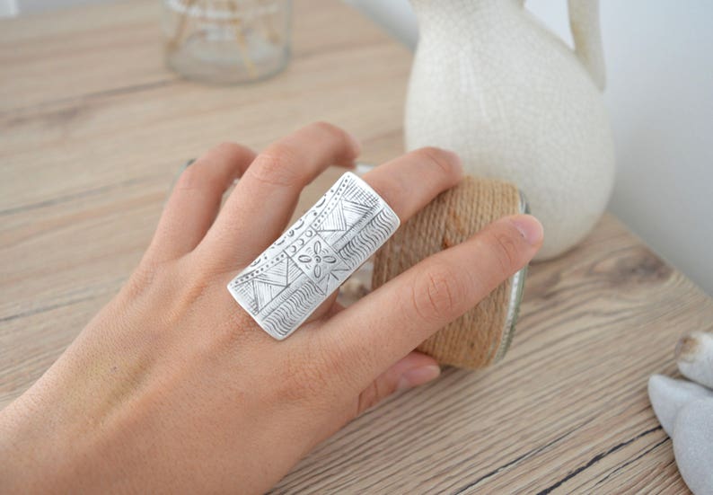 African Tuareg Shield ring, Long Rectangular engraved ring, Bohemian Ethnic Tribal Rings, Free people style rings, Silver Tuareg Jewellery image 1