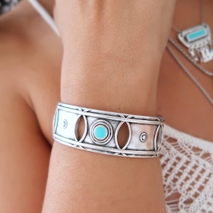 Silver Organic shape Turquoise Enamel Cuff: Modern Handmade Silver Moon Phase Inspired Jewelry, Boho Ethnic Adjustable Festival Gift for Her
