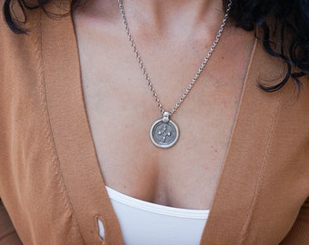 Antique Silver WAX SEAL Stamp Cross Coin Charm Necklace, Bohemian Jewelry Necklace Jewellery, Delicate Silver Medieval Coin Necklace Jewelry