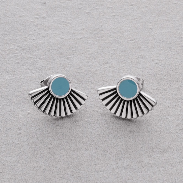 Silver  Black & Turquoise Enamel Sun Ray Stud Earrings: Bohemian Style Free-Spirited Bold, Artistic ethnic modern statement jewelry