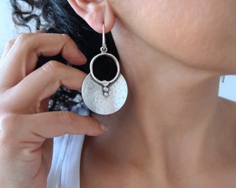 Silver plated dangling Hollow SHIELD style earrings, long drop bohemian tribal ethnic silver earrings, Turkish inspired jewelry gift for her