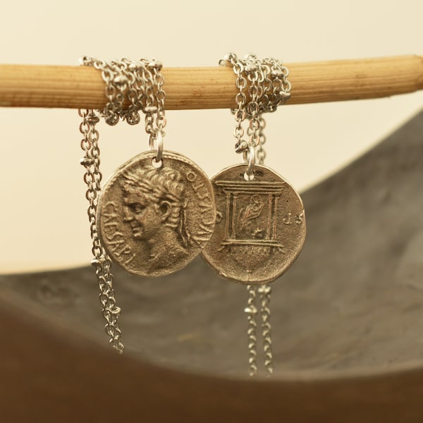 Replica of Augustus Octavian, Roman Coin Necklace, Sterling Silver Coin Charm Jewellery, Medallion Necklace, Tribal Ethnic Layering Jewelry