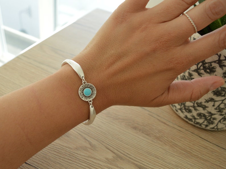 Antique Silver circle engraved cuff with a turquoise enamel floral coin, Stacking Wristband Bracelets, Bohemian Delicate Minimalist Cuff image 4