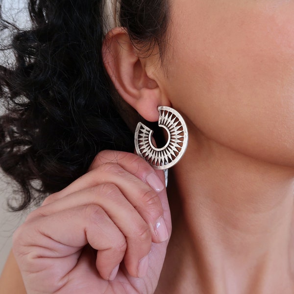 Matte silver tribal dangling SUN earrings, silver hollow crescent moon hoop earrings, Silver Ornate Hoop Drop earrings, gypsy ethnic earring