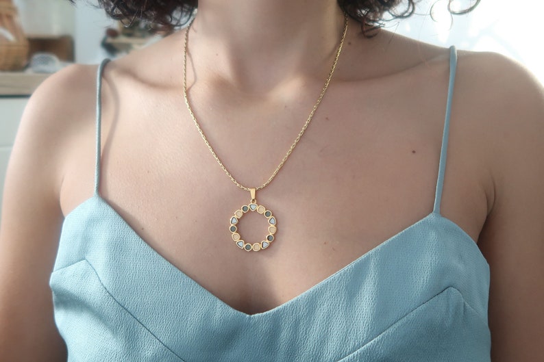 Gold WREATH pendant necklace wt Khaki-Mustard or Turquoise-Pink Enamel 24k gold plated floral pendant modern dainty delicate ethnic necklace image 8