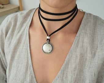 Black Leather Wrap Necklace, Leather Coin Necklace, Wrap Choker Necklace, Tie Up Bolo Necklace, Bohemian Leather Jewelry, Suede Coin Jewelry