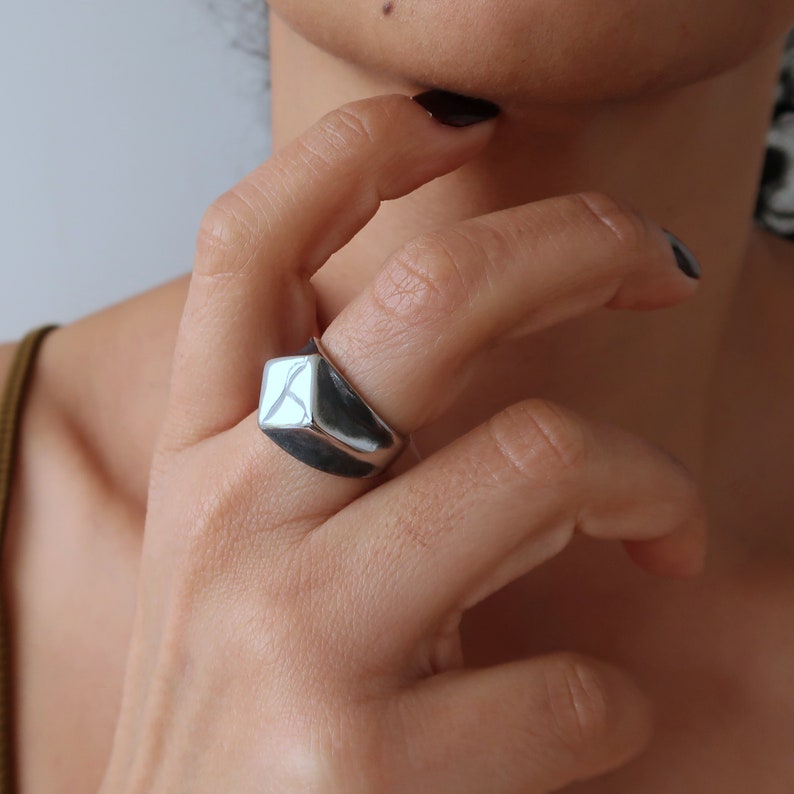 Stainless steel RHOMBUS signet ring, Bohemian Modern Waterproof Tarnish Free Chevalier Dainty Minimal Hippie Celestial ring, gift for her image 4