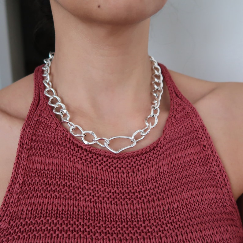Antique Silver CLIMBER CLIP Chunky chain choker, Thick Chain Necklace, Punk Rock BikerStyle jewelry, Trace chain necklace, Cool gift for her image 9