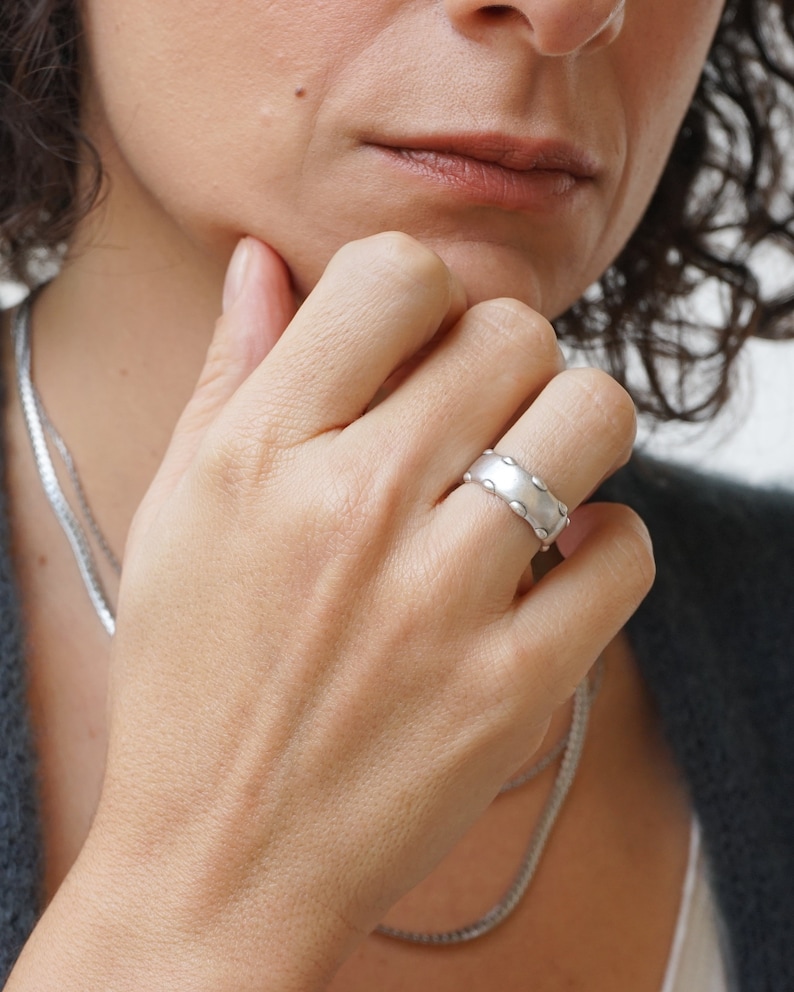 Antique Silver Large ARMOUR Band Ring wt Grains, Silver Balls Boho Ring Bohemian Minimal Adjustable Stacking Ring, Plated Chunky band ring image 1