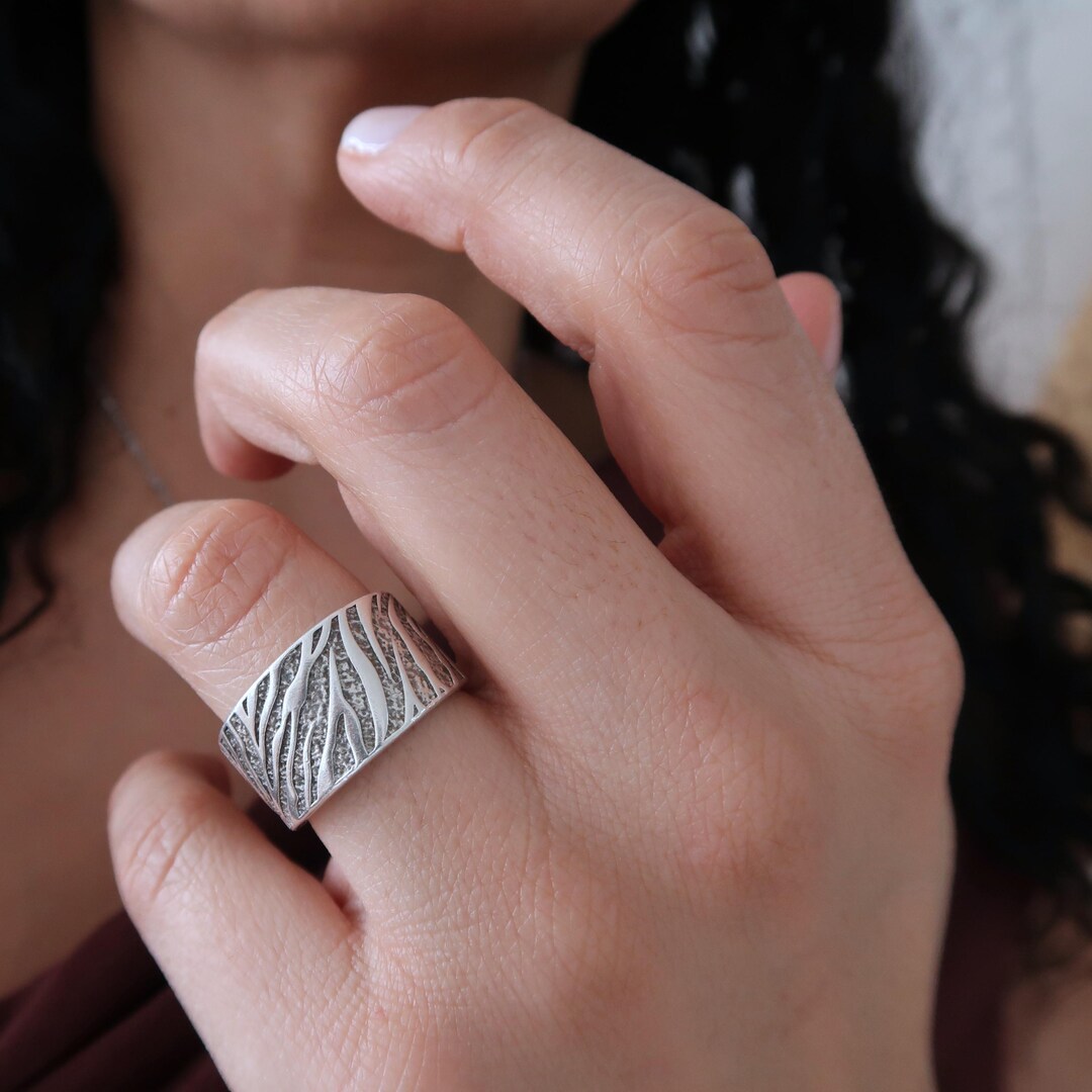 Silver Zebra Animal Print Pattern Ring, Silver Plated Geometric Thick ...