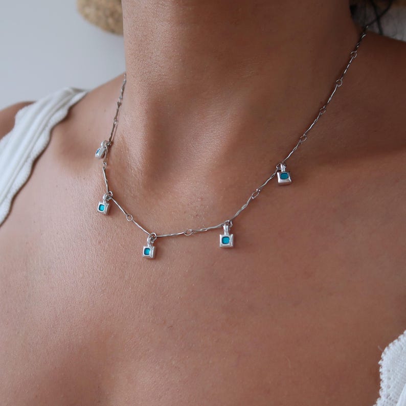 Dainty Silver Choker with Turquoise Drops: Turquoise Charm Necklace, Boho Festival Minimalist Beaded Jewelry, Free People Style Gift for her image 1