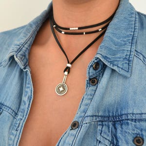 Black/Brown Leather Suede Wrap Choker Necklace, Leather Coin Pendant Necklace, Leather Wrap Choker, Wrap Necklace, Bohemian Silver Jewelry 1. Black