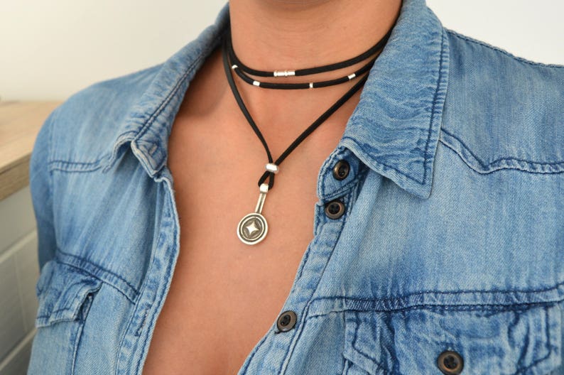 Black/Brown Leather Suede Wrap Choker Necklace, Leather Coin Pendant Necklace, Leather Wrap Choker, Wrap Necklace, Bohemian Silver Jewelry 1. Black
