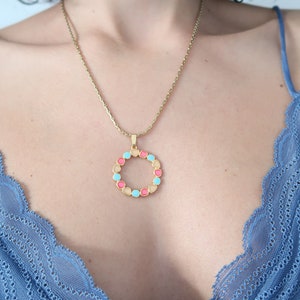 Gold WREATH pendant necklace wt Khaki-Mustard or Turquoise-Pink Enamel 24k gold plated floral pendant modern dainty delicate ethnic necklace image 2