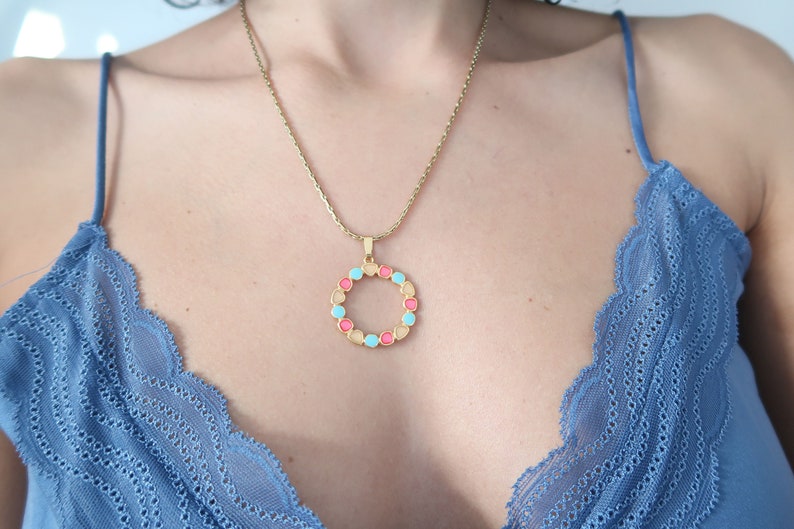 Gold WREATH pendant necklace wt Khaki-Mustard or Turquoise-Pink Enamel 24k gold plated floral pendant modern dainty delicate ethnic necklace image 2