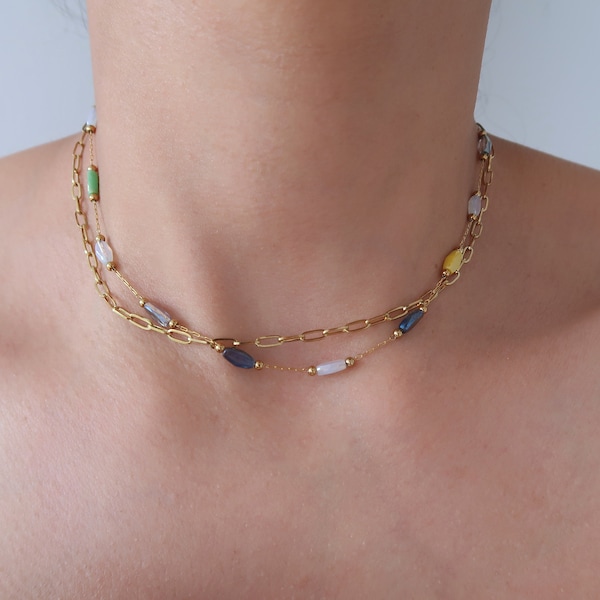 Gargantilla de doble cadena de acero inoxidable dorado: joyería con capas de cuentas