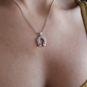 Könnte beinhalten: Eine silberne Halskette mit einem Hufeisen-Anhänger. Das Hufeisen hat ein detailliertes Design und ist ein beliebtes Symbol für Glück.