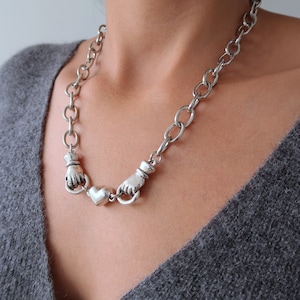 Silver Hands Heart Clasp Necklace: Chunky Chain Steampunk Jewelry