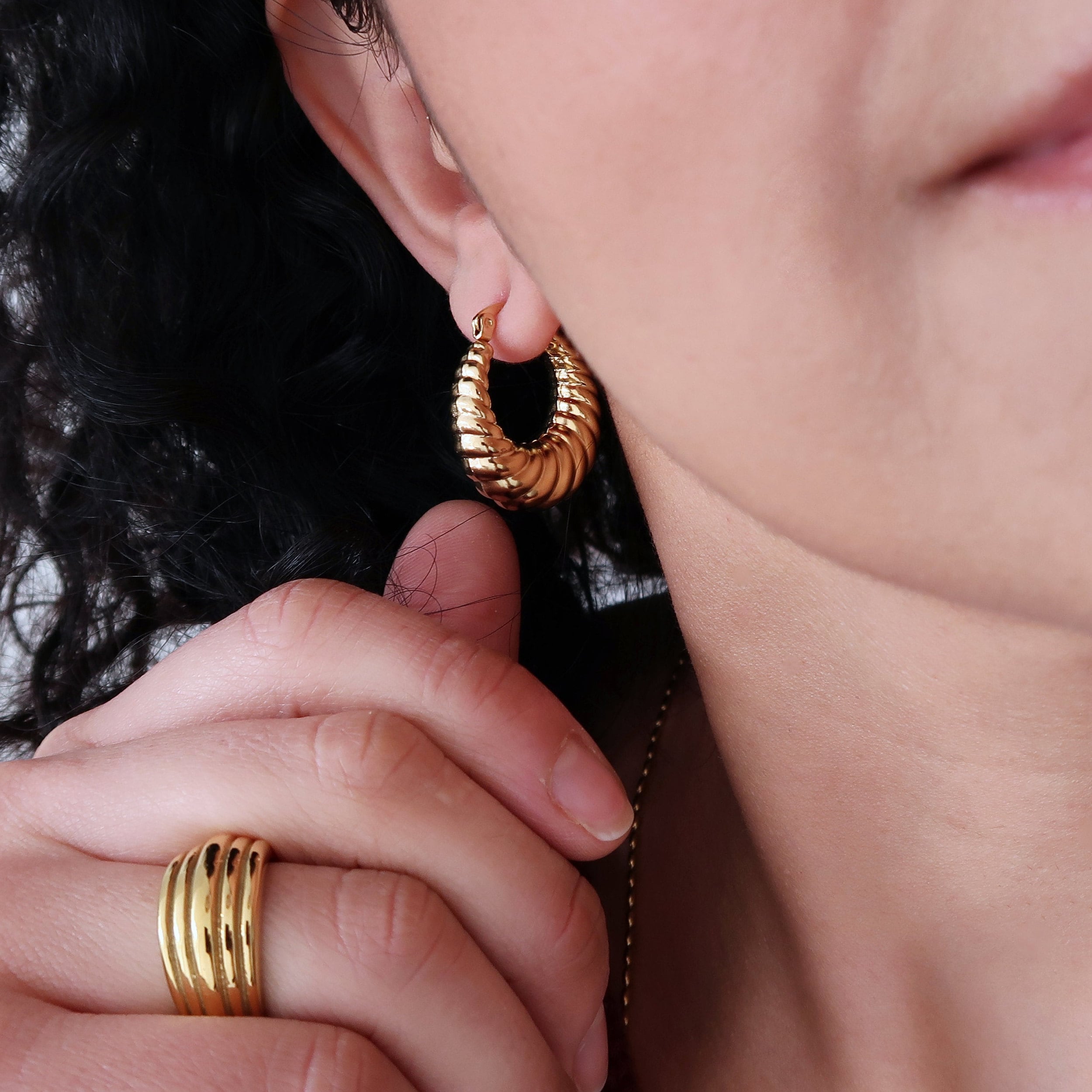 Gold Stainless Steel Thick Round CROISSANT Hoop Earrings