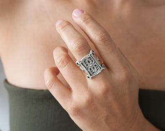Silver Floral Stamp Signet Ring: Bohemian Ethnic Symbolic Jewelry, Unique Artisan Statement Ring, Festival Jewelry for Her US Size 7.5