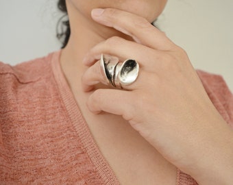 Langer Silber Wrap Free Form Ring, Midi Modern Dainty Boho Abstrakt Blatt Stapelbarer Verstellbarer Geometrischer Ring, Cooles Geschenk, USsize 7-8inch.