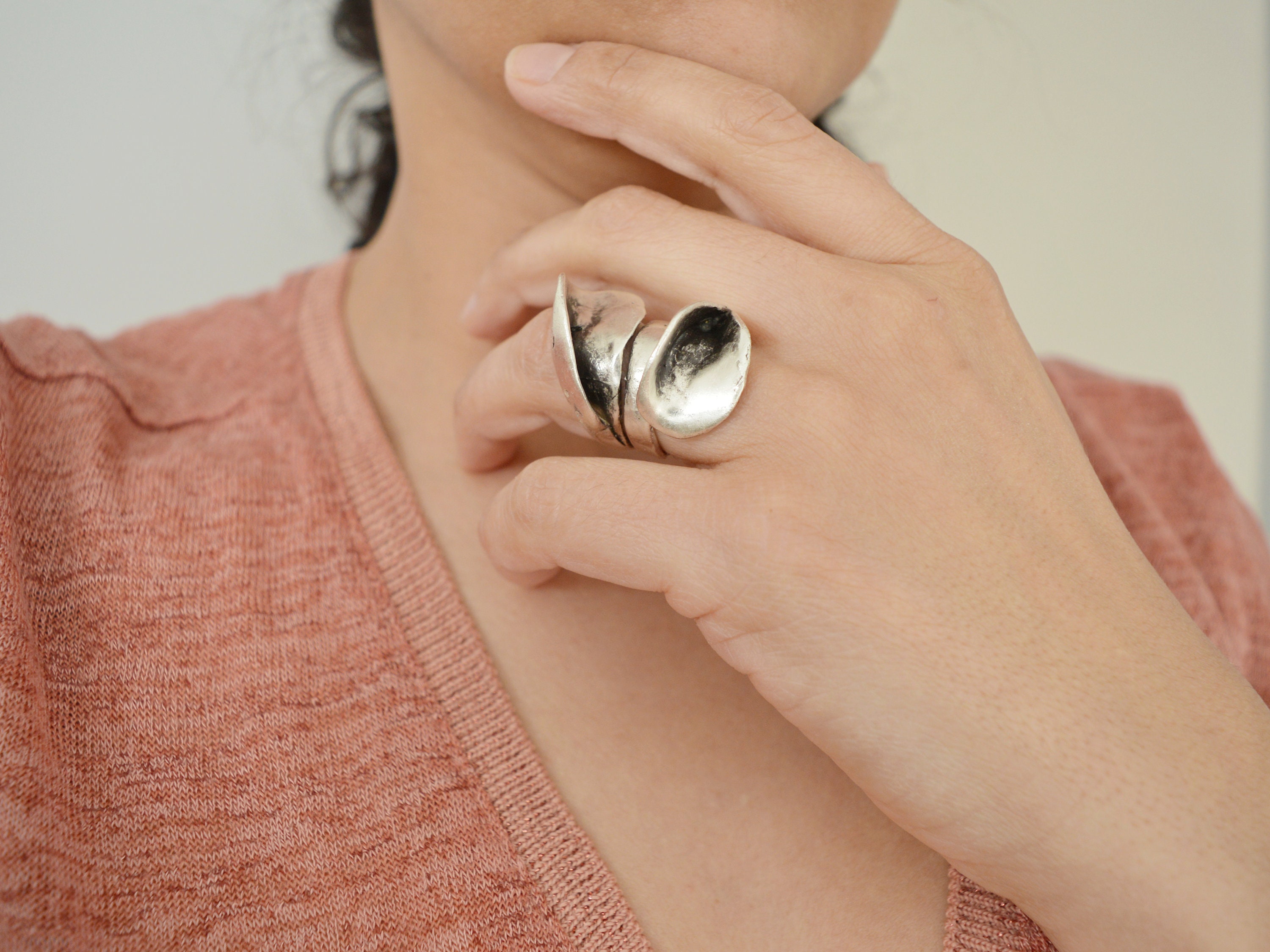 Statement Ring Handmade Boho Ring Full Finger Ring Stainless Steel Ring  Hammered Long Ring Tube Ring Wide Silver Cuff Ring 
