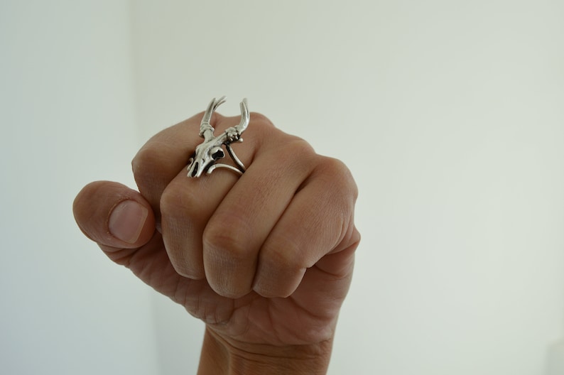 Gift for Her Bohemian Antique Silver DEER SKULL Ring Animal reindeer caribou Ring Silver Adjustable Stackable Ring Long Statement Ring