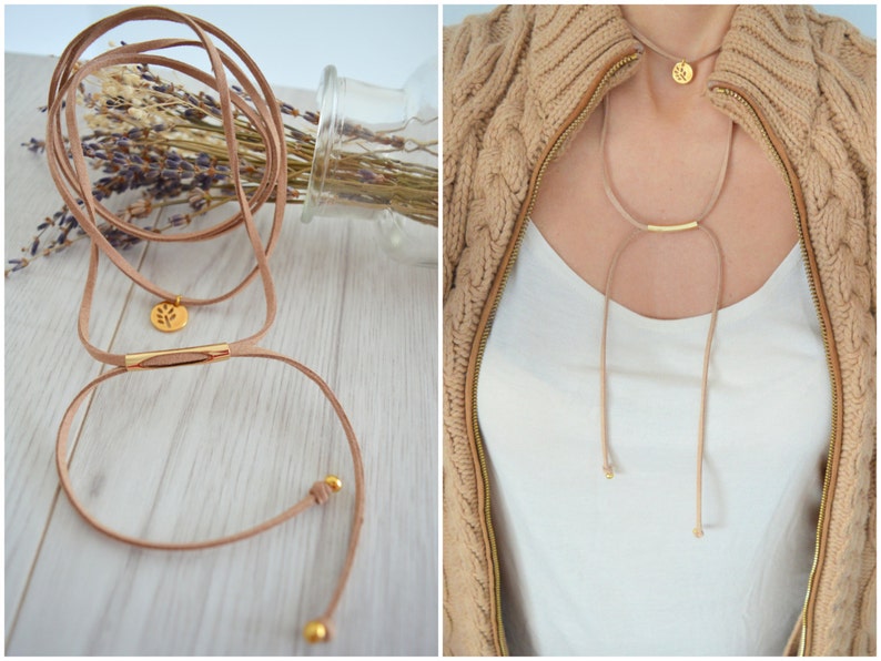 Wrap Suede Choker Tie Up Bolo Necklace Beige suede choker with gold coin leaf charm Bohemian Summer Ibiza Necklace Jewelry