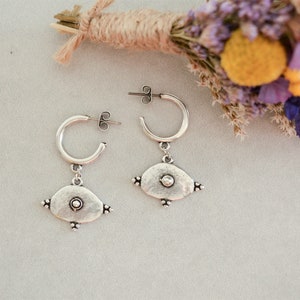 Silver Arabic Symbol Coin Hoop Earrings, Dangling Charm, Minimalist Geometric Dainty Trend minimal Thick hoop earrings, Gift for her