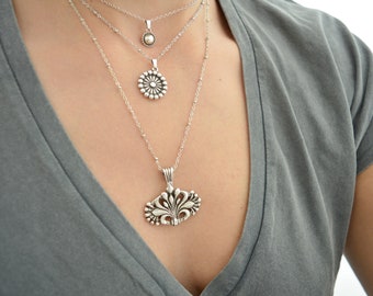 Antique Silver Fleur de Lis Pendant Necklace, Flower Lily or Lotus Symbol Jewellery, Spring, Gift for her, Layered Stacking necklaces