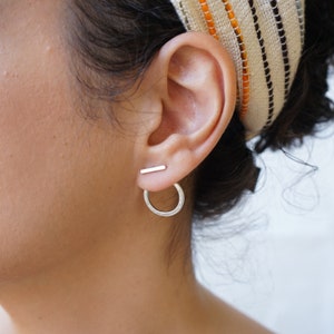 Silver Bar & Hollow Round Ear Jackets, Minimalist Modern Bohemian Line Circle pushbacks Rock dainty, Simple Bar Stud Earrings, XMAS gift image 5