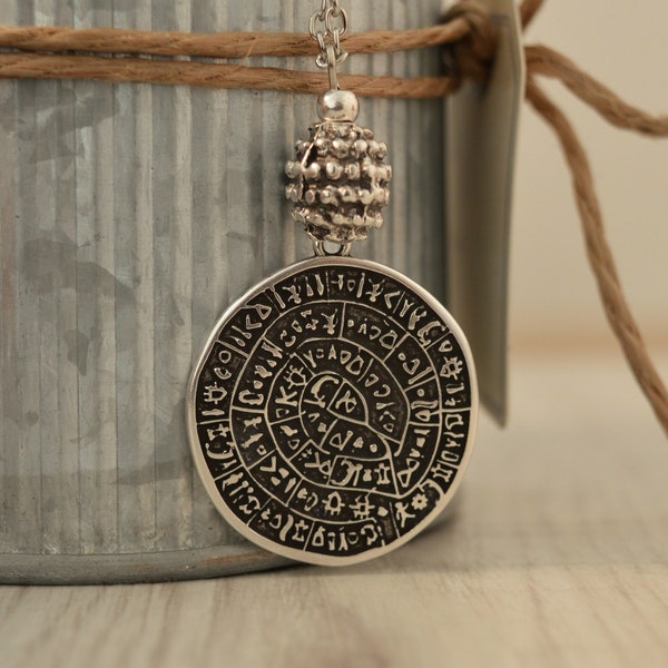 Replique of black PHAISTOS disc pendant, Minoan Cretan Coin Chain Necklace, ancient Greek Jewelry, gypsy ethnic silver layering, grecian