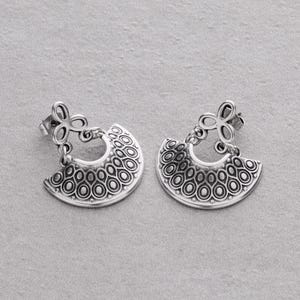 Silver Greek Shield Dangle Earrings: Bohemian Crescent Hellenic Symbols, Celebrate with Elegant Affordable Luxury Jewelry, Unique Designs