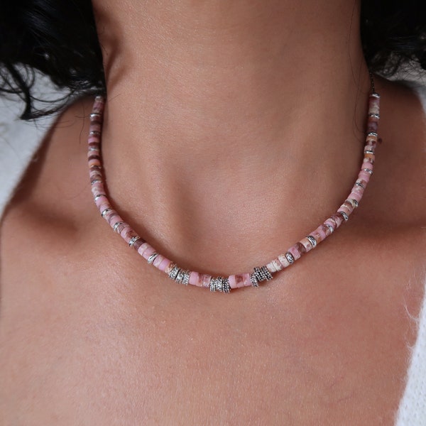 Matte Pink Lilac Jade Tiny Beaded Choker Necklace, Natural Stone Pink Shade Bohemian Stacking Layers Minimal Gemstone jewelry, Gift for her