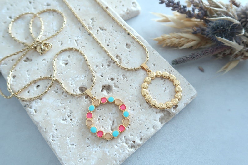 Gold WREATH pendant necklace wt Khaki-Mustard or Turquoise-Pink Enamel 24k gold plated floral pendant modern dainty delicate ethnic necklace turquoise-pink