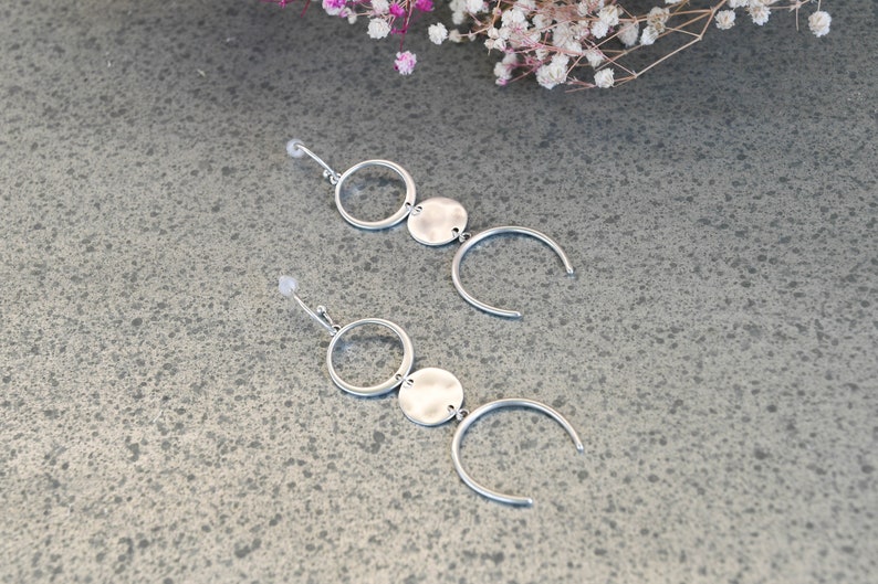 Silver Hammered Coin Charm Earrings, Silver Geometric Earrings, Silver Coin Earrings, Silver Dangle Drop Earrings, Boho Silver Coin Earrings image 2