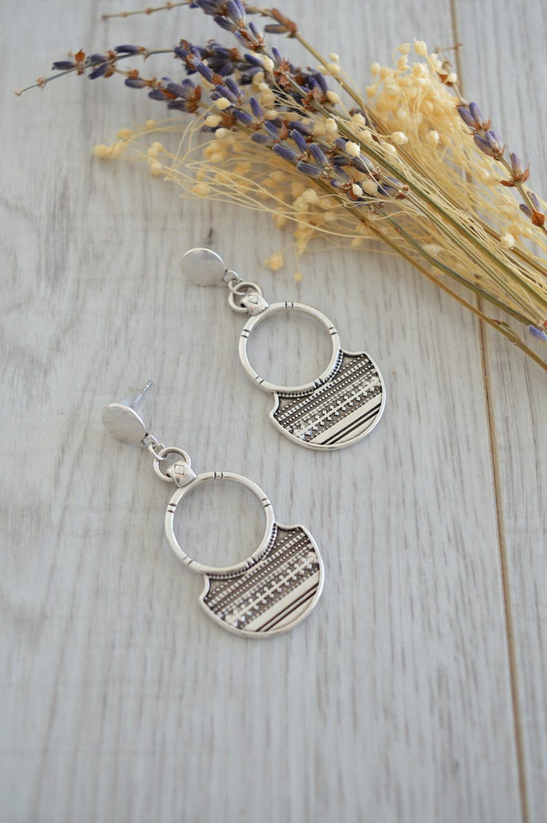 African Tuareg Shield Earrings, Silver dangle earrings, Bohemian Ethnic Tribal earrings, statement earrings, silver Tuareg jewelry image 1