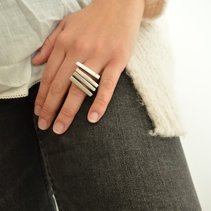 Antique Silver Two PARALLEL lines Ring, Unique Hammered abstract ring, Bohemian Silver Modernist Ring, Silver Band Jewelry,US Size 6.5-8inch image 5