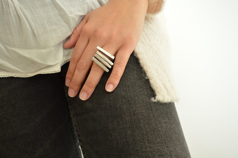 Antique Silver Two PARALLEL lines Ring, Unique Hammered abstract ring, Bohemian Silver Modernist Ring, Silver Band Jewelry,US Size 6.5-8inch image 5