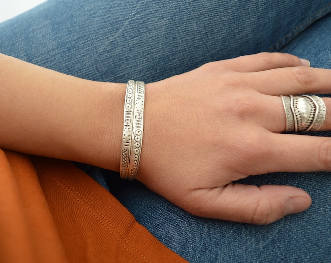Antique silver engraved TRIBAL cuff stacking bracelet, Arm Candy, Bohemian Cuff Bangle Bracelet Jewellery, Gift for her, US wrist 6-7.5 inch
