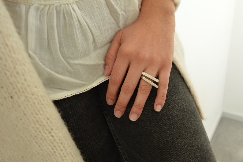 Antique Silver Two PARALLEL lines Ring, Unique Hammered abstract ring, Bohemian Silver Modernist Ring, Silver Band Jewelry,US Size 6.5-8inch image 4