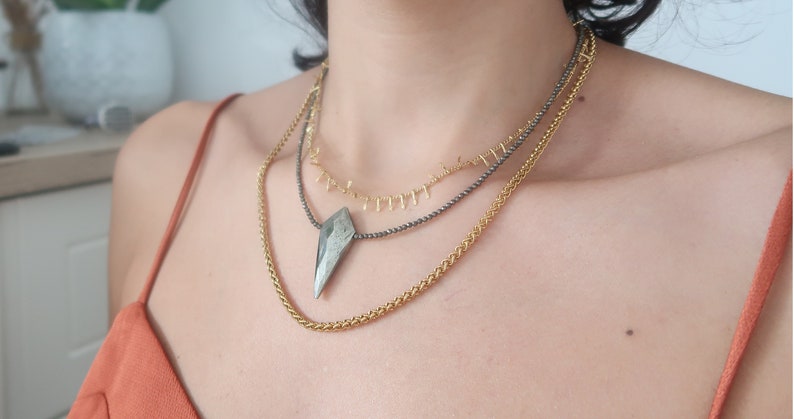 PYRITE Beaded Gemstone Necklace with Arrowhead Pendant, Bohemian Modern Delicate Punk Rock Style Semi-Precious Beads Jewellery, Gift for her image 8