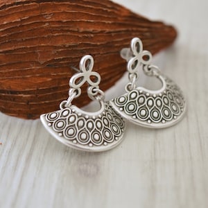 Antique silver dangling Greek Shield earrings, Silver half moon crescent earrings, Silver hemicycle dangle earrings,bohemian ethnic earrings image 2