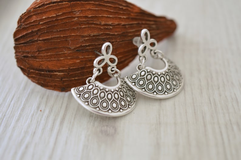 Antique silver dangling Greek Shield earrings, Silver half moon crescent earrings, Silver hemicycle dangle earrings,bohemian ethnic earrings image 2