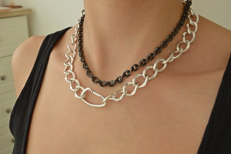 Thick Chain Necklace Punk Rock BikerStyle jewelry Black Gunmetal Thick Twine Chunky chain choker Cool gift for her Trace chain necklace