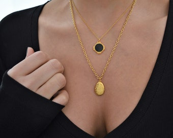 SET of TWO gold Black enamel geometric coin necklaces, layered stacking round charms boho bohemian dainty hippie jewelry, gift for her