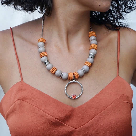 Large Colourful GREY ORANGE Ceramic 