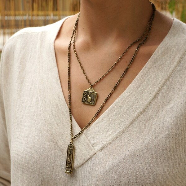 Brass Egyptian Bastet Cat & Hieroglyphics Necklace, Ancient Egypt Layers, Historical Symbols, Tribal Ethnic Jewelry Set of two, Gift for her