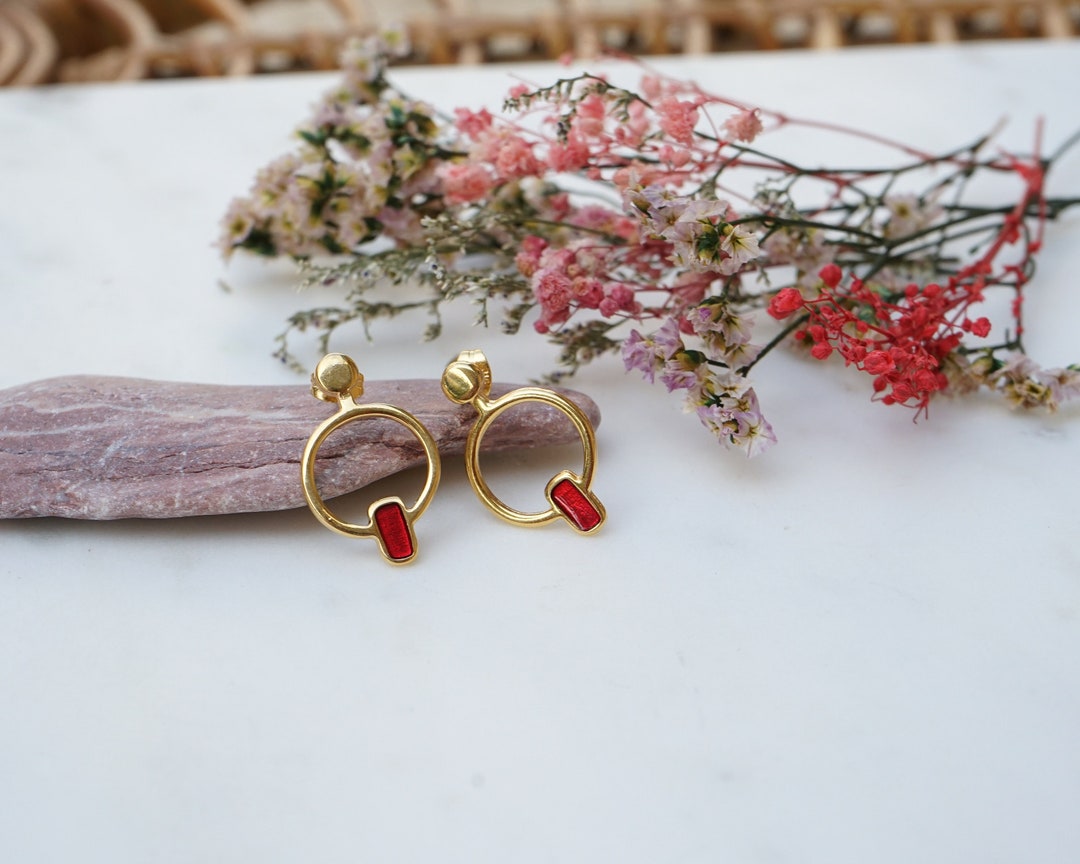 Rectangular Red Earrings Gold Coloured Enamel RECTANGULAR Stud Earrings, Long Dangling Black/red ...